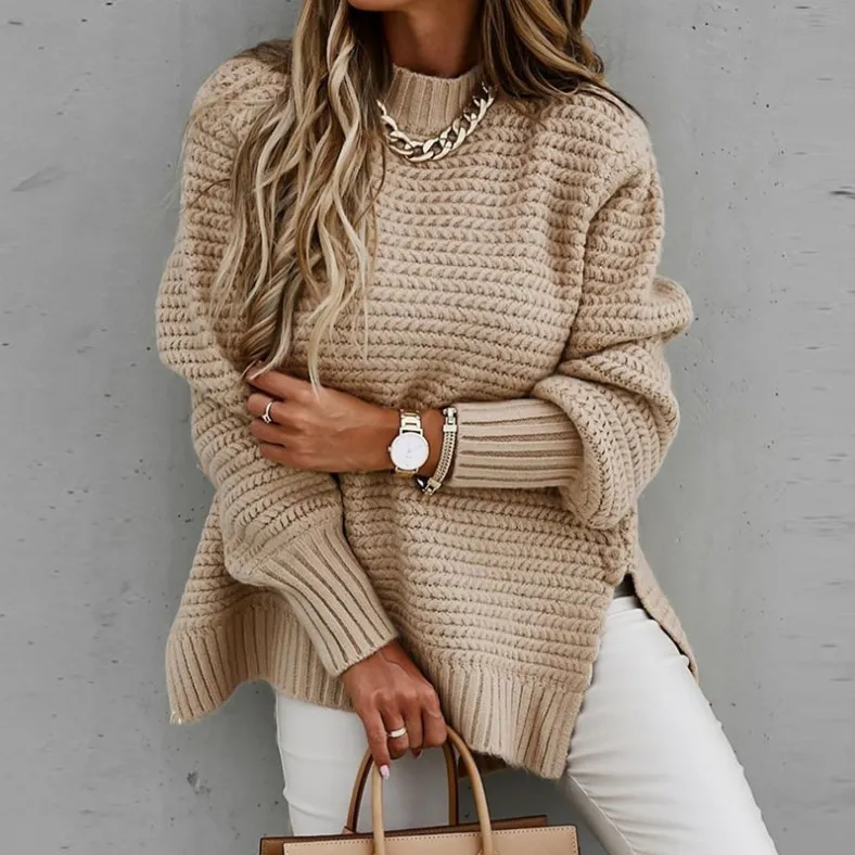 Winter Women Casual Solid Color Loose Knit Pullover Sweater