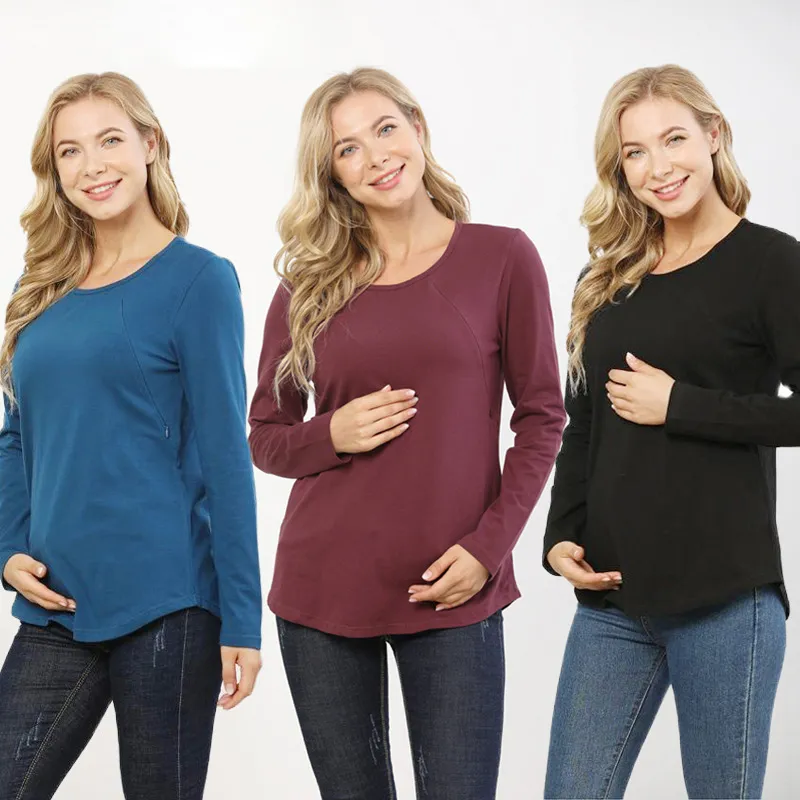 Pregnant Women Casual Solid Color Crewneck Long Sleeve Breastfeeding Pullover Top
