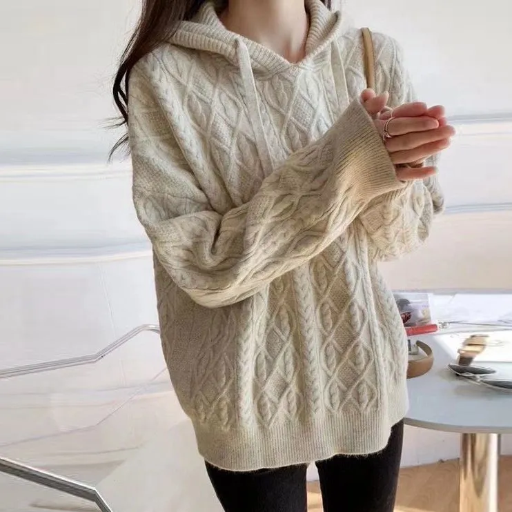Winter Women Casual Solid Color Hooded Knit Sweater