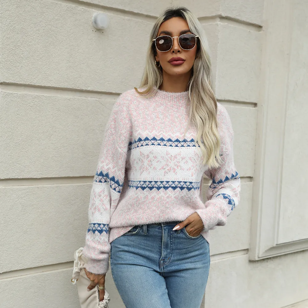 Winter Women Casual Christmas Snowflake Jacquard Pearl Sweater
