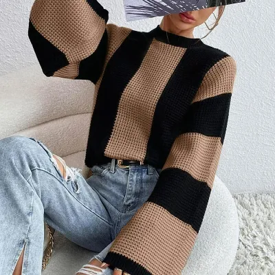 Winter Women Casual Contrast Knit Pullover Sweater