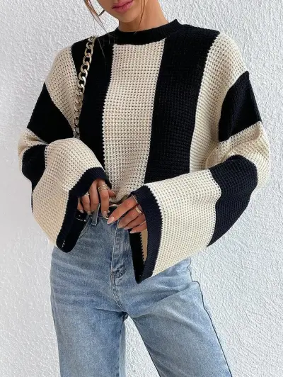 Winter Women Casual Contrast Knit Pullover Sweater