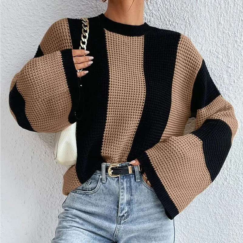 Winter Women Casual Contrast Knit Pullover Sweater
