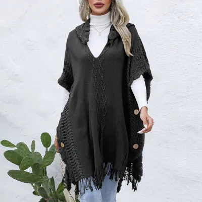Winter Women Casual Loose V-Neck Solid Color Hooded Knitted Vest