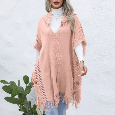Winter Women Casual Loose V-Neck Solid Color Hooded Knitted Vest