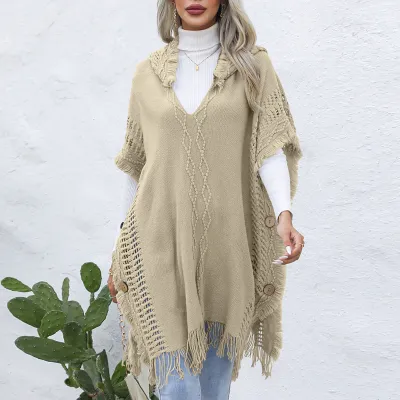 Winter Women Casual Loose V-Neck Solid Color Hooded Knitted Vest