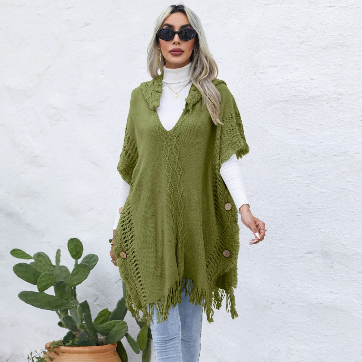 Winter Women Casual Loose V-Neck Solid Color Hooded Knitted Vest