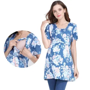 Summer Maternity Casual Floral Printed Short-Sleeved Breastfeeding Top