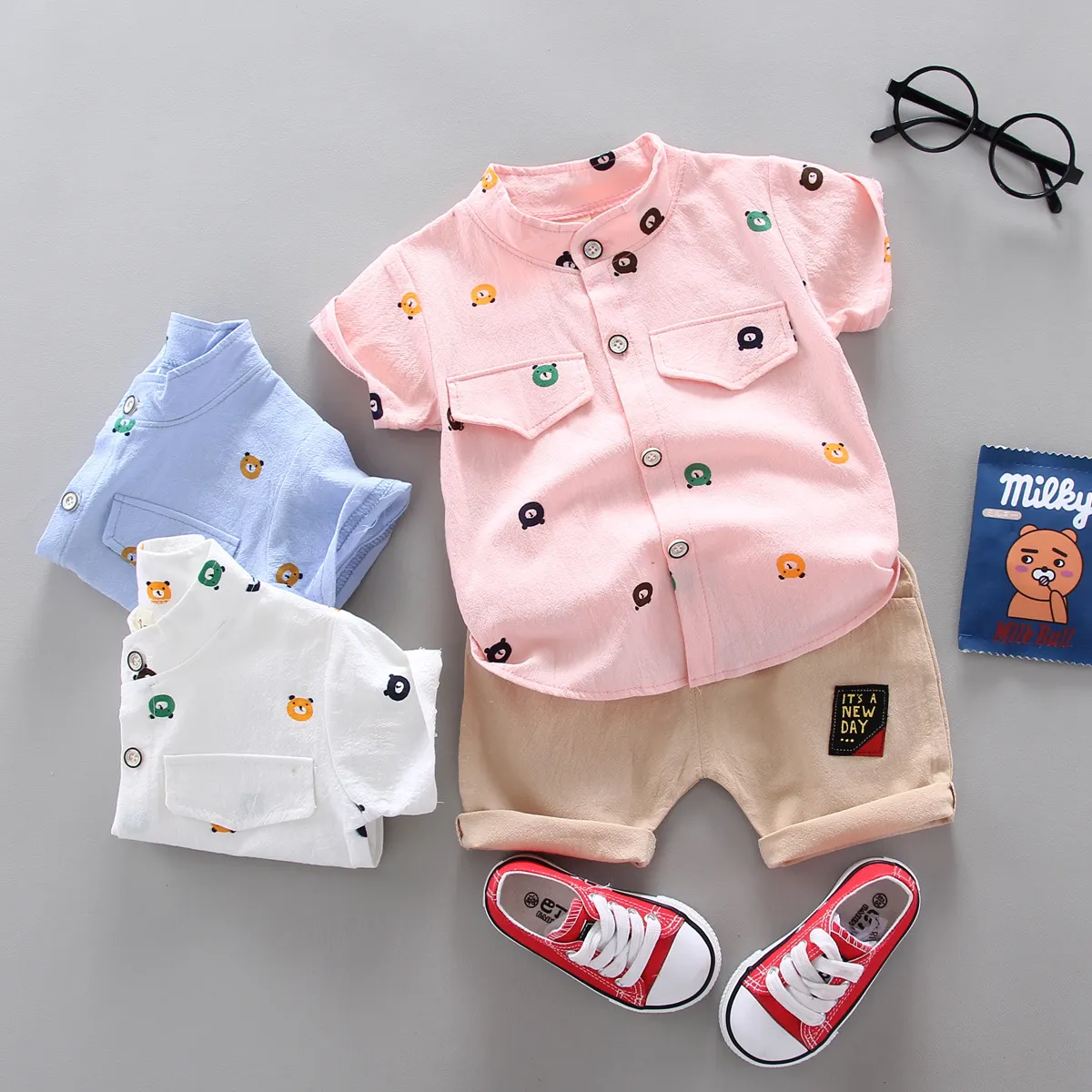 Boys Casual Printed Short Sleeve Shirt and Pants Set for Baby Toddler