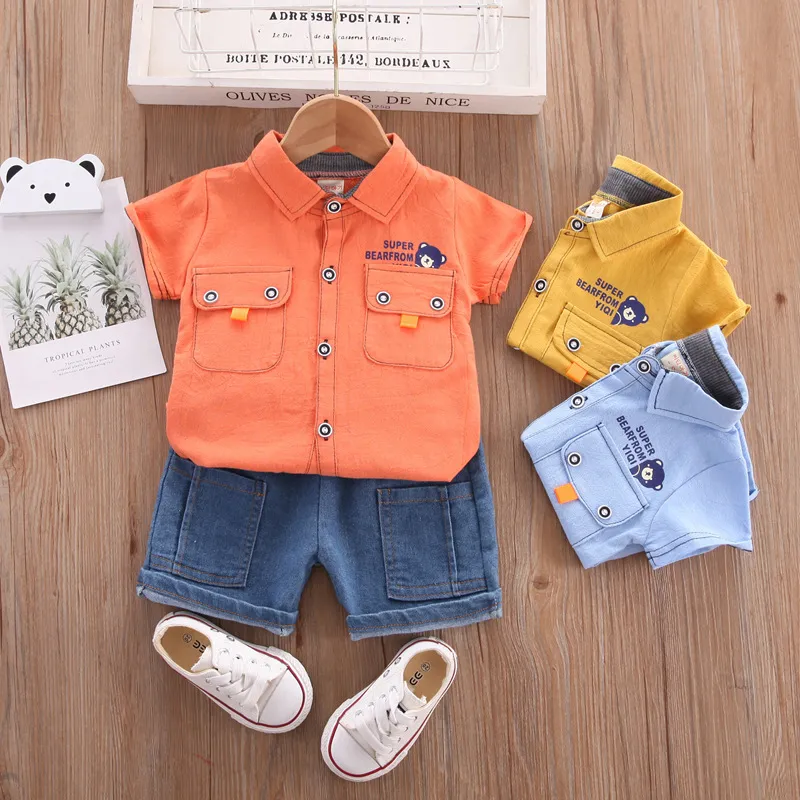 Boys' Fashion Cotton Short-Sleeved Shirt Two-Piece Set with Animal Cartoon Pattern