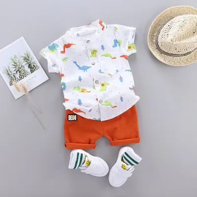 Boys Fashion Dinosaur Print Short-Sleeved Shirt and Capri Pants Two-Piece Set for Baby Boys