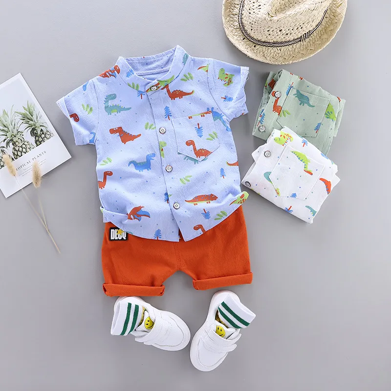 Boys Fashion Dinosaur Print Short-Sleeved Shirt and Capri Pants Two-Piece Set for Baby Boys