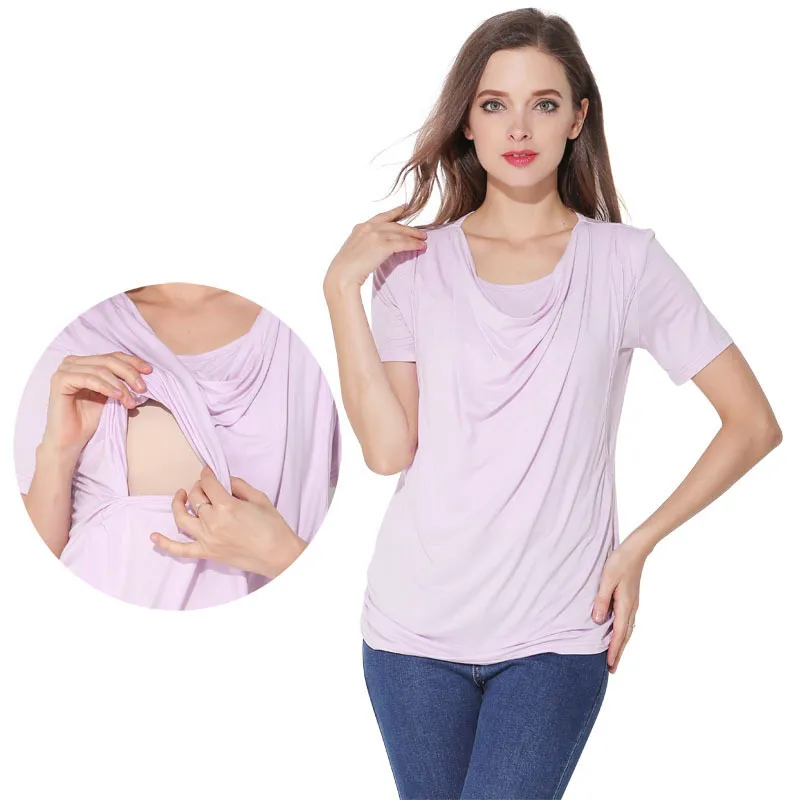 Summer Pregnant Women Casual Solid Color Short-Sleeved Side Breastfeeding Top