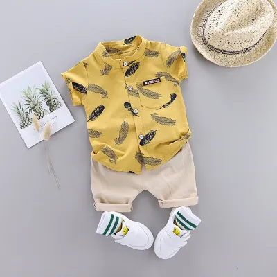 Boys' Fashion Feather Print Short Sleeve Shirt Two-Piece Set Cotton