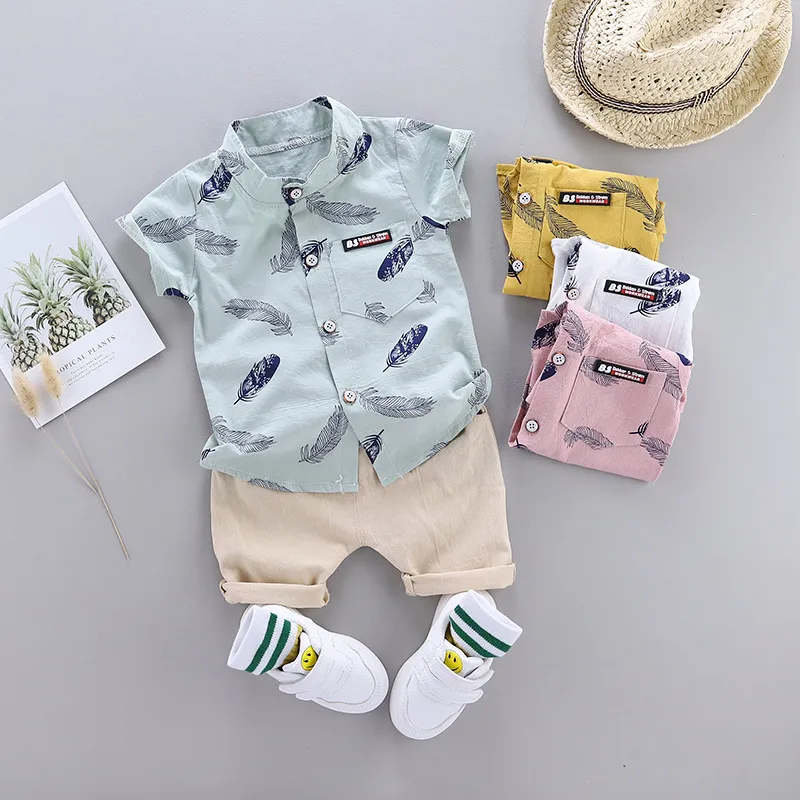 Boys' Fashion Feather Print Short Sleeve Shirt Two-Piece Set Cotton