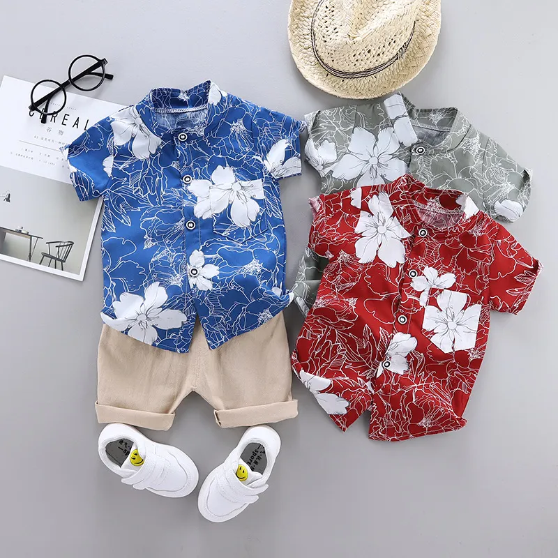 Boys Cotton Floral Printed Short Sleeve Shirt Pants Set Casual Summer Outfit Two-Piece