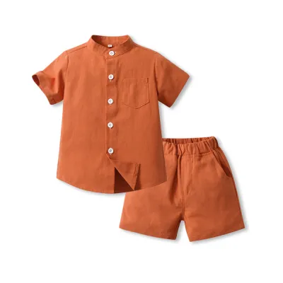 Boy'S Casual Linen Cotton Short Sleeve Two-Piece Set with Shorts