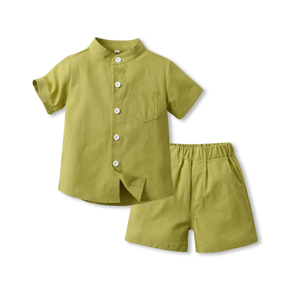 Boy'S Casual Linen Cotton Short Sleeve Two-Piece Set with Shorts