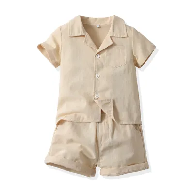Boys' Fashion Solid Color Short-Sleeved Shirt Two-Piece Set Cotton Outfit for Baby Boys 0-3T