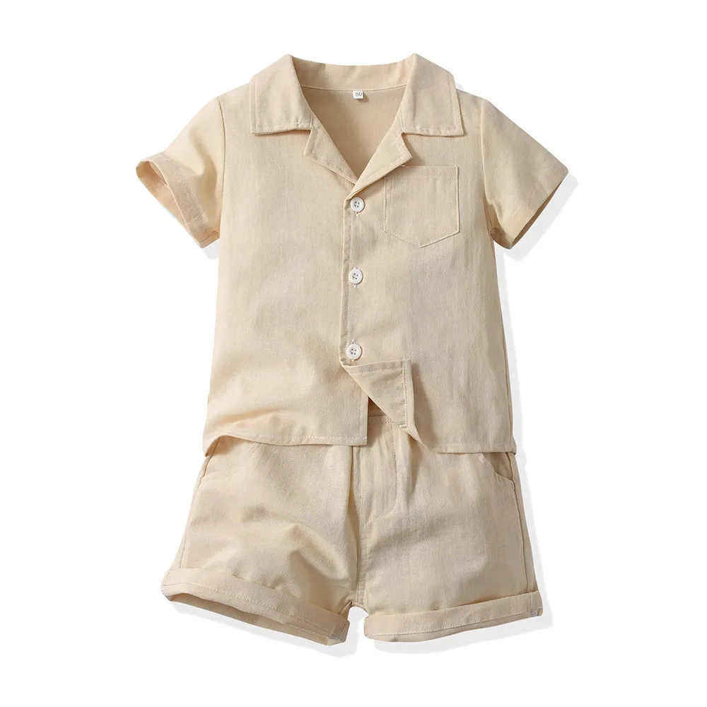 Boys' Fashion Solid Color Short-Sleeved Shirt Two-Piece Set Cotton Outfit for Baby Boys 0-3T