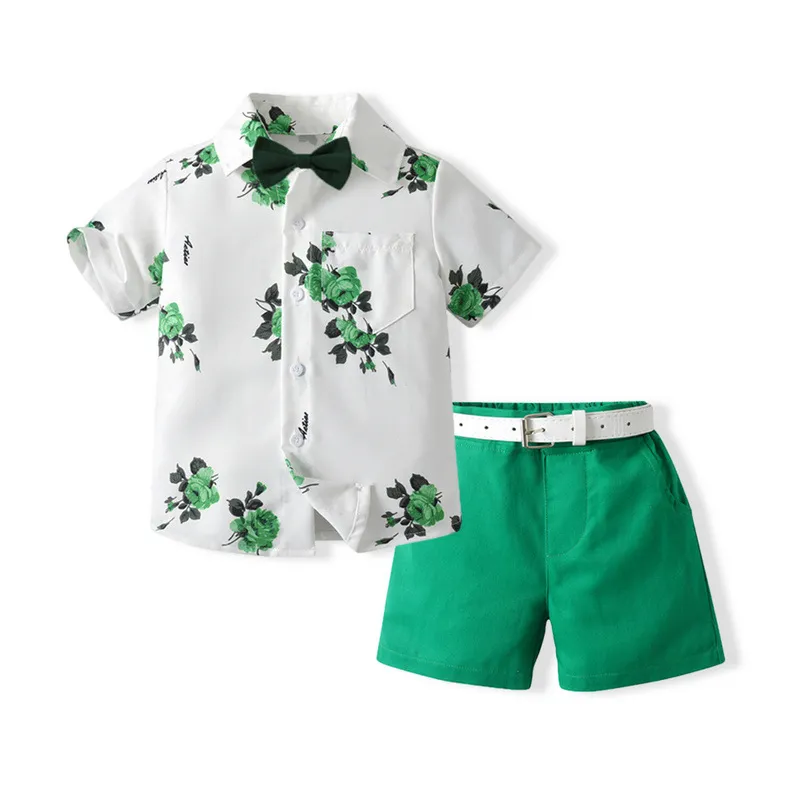 Boys Floral Print Short Sleeve Cotton Two-Piece Set with Pants