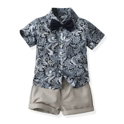 Baby Boys Cotton Floral Abstract Print Holiday Two-Piece Set Short Sleeve Shirt and Shorts
