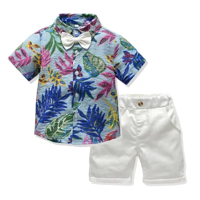 Boys Fashion Floral Print Shirt Shorts Two-Piece Cotton Set for Toddlers 0-3T