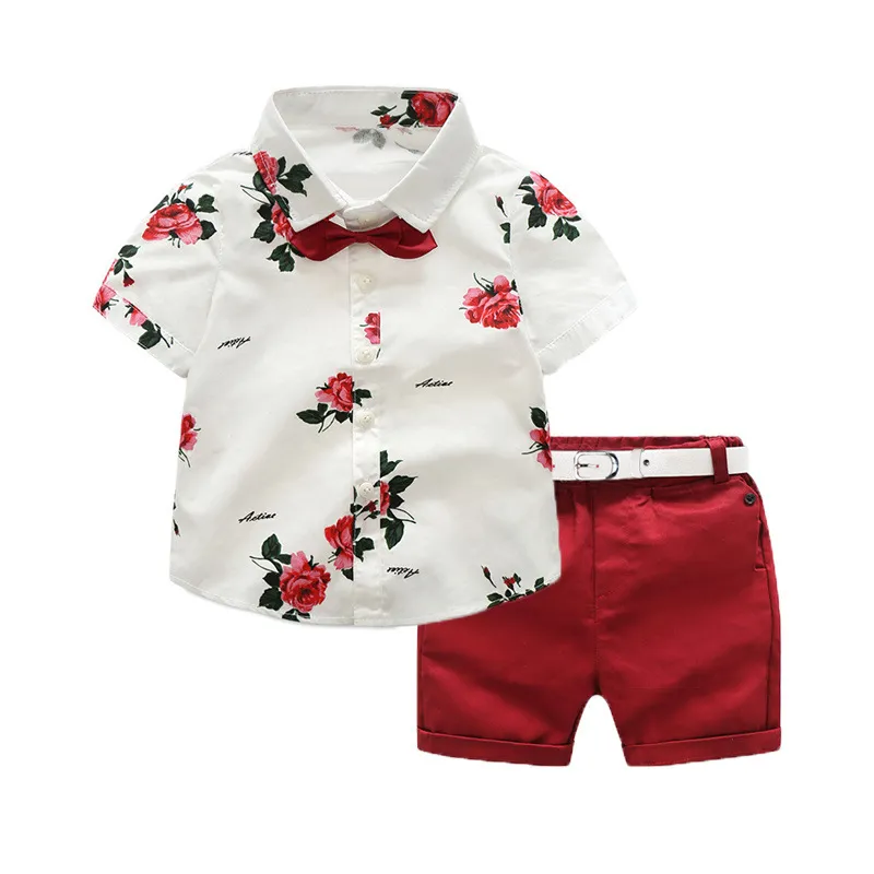 Boys Fashion Floral Print Shirt Shorts Two-Piece Cotton Set for Toddlers 0-3T