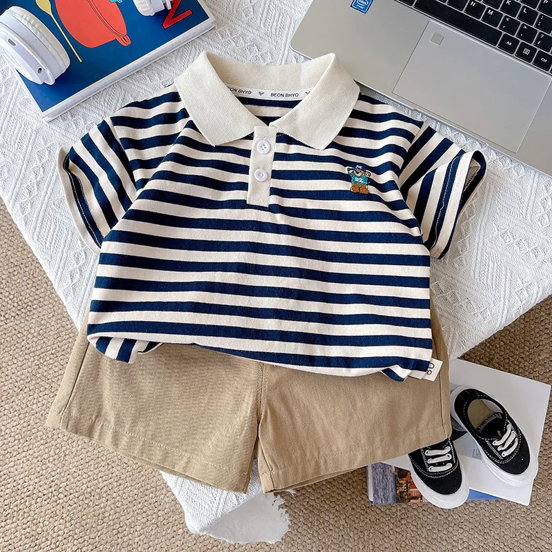 Boy's Casual Animal Stripe Print Lapel Polo Shirt and Shorts Two-Piece Set