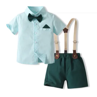Boy'S Fashion Plaid Print Shirt and Shorts Two-Piece Set Cotton Short Sleeve