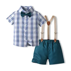 Boy'S Fashion Plaid Print Shirt and Shorts Two-Piece Set Cotton Short Sleeve