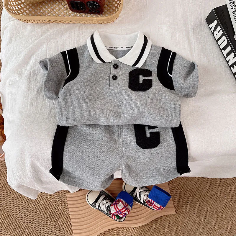 Boy'S Casual Two-Piece Polo Shirt Set Short Sleeve Cotton Pullover Letter Pattern