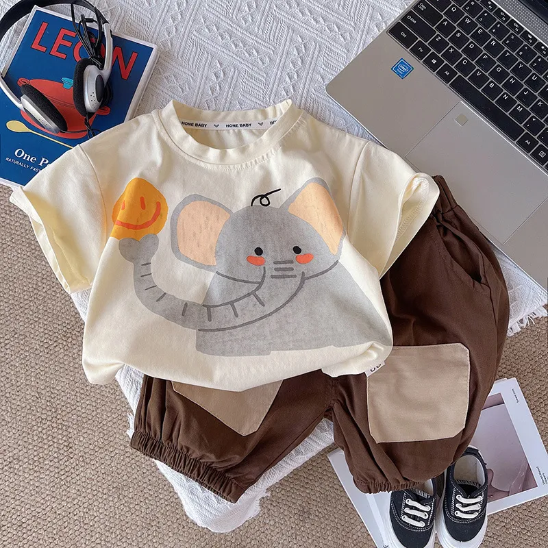 Boys Fashion Cartoon Elephant Print Cotton Short Sleeve Two-Piece Set for Baby Boys Clothing(0-3T)