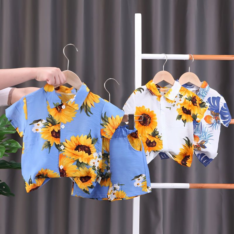 Wholesale Boy Casual Sunflower Print Shirt Two-Piece Set