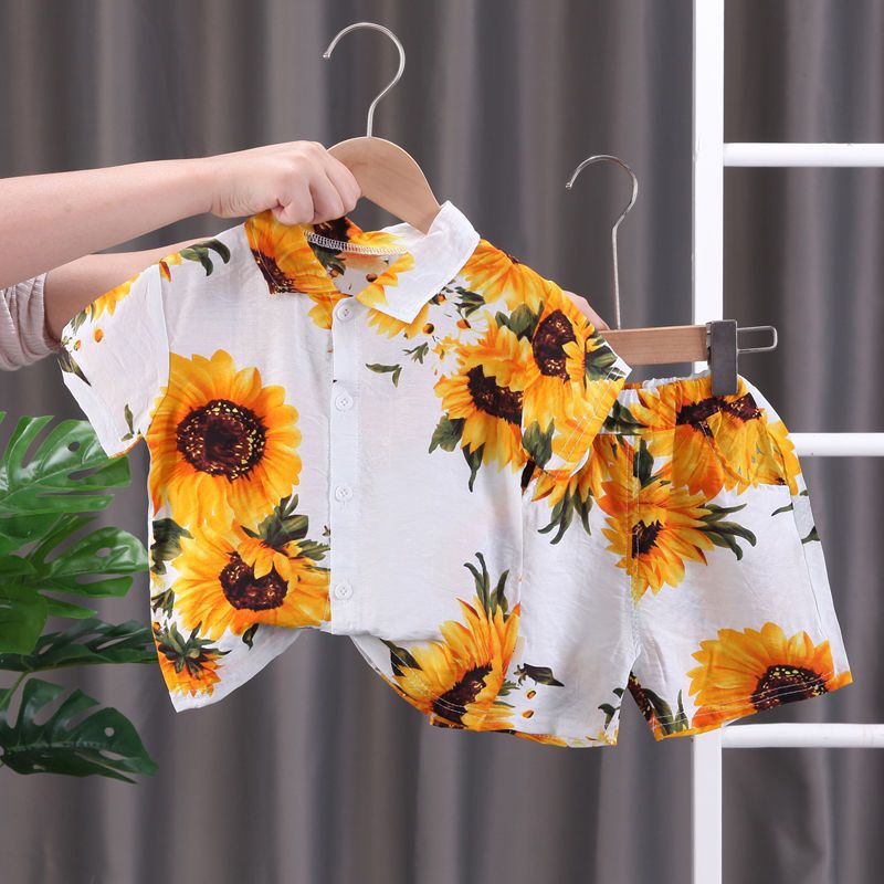 Wholesale Boy Casual Sunflower Print Shirt Two-Piece Set