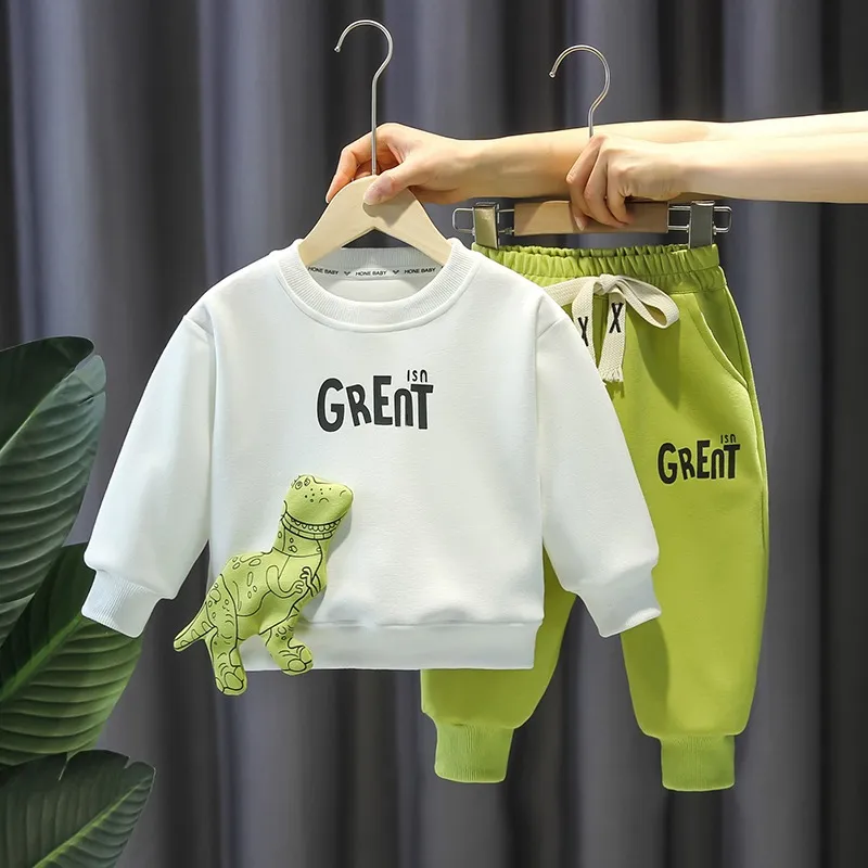 Boy's Casual Cartoon Dinosaur Sweater Pants Set Long Sleeve Pullover