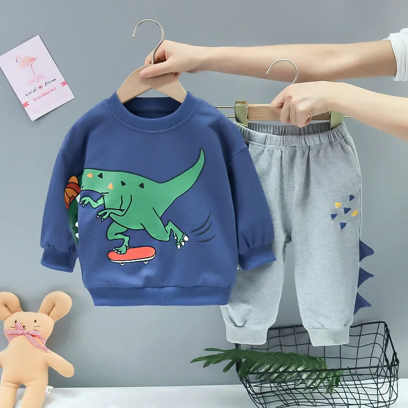 Boy's Casual Cartoon Dinosaur Print Cotton Sweatshirt Two-Piece Pants Set