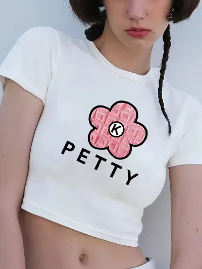 Women Cartoon Floral Bow Letter Print Round Neck Short Sleeve Crop T-Shirt