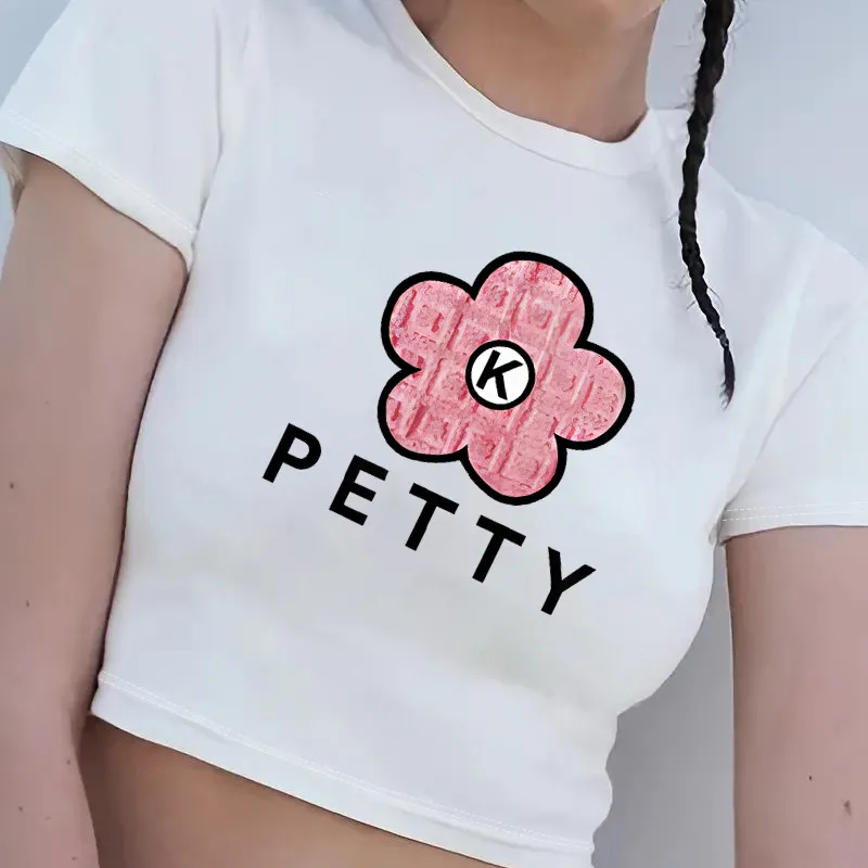 Women Cartoon Floral Bow Letter Print Round Neck Short Sleeve Crop T-Shirt