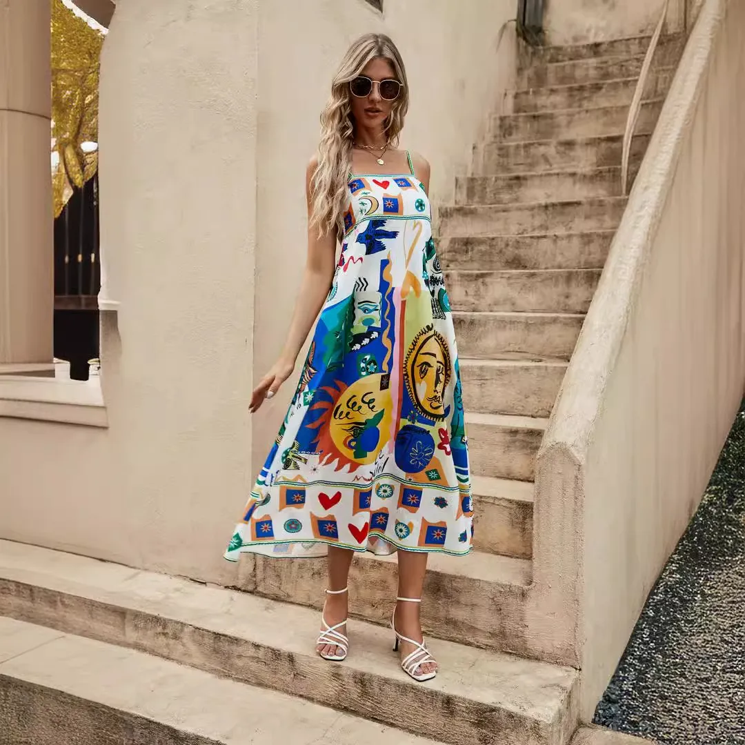 Summer Women Casual Graffiti Print Sling Dress