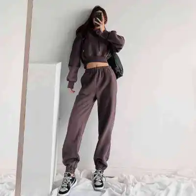 Athleisure Women Fashion Solid Color Long Sleeve Hooded Sweater Loose Jogger Pants Two-Piece Set