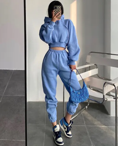 Athleisure Women Fashion Solid Color Long Sleeve Hooded Sweater Loose Jogger Pants Two-Piece Set