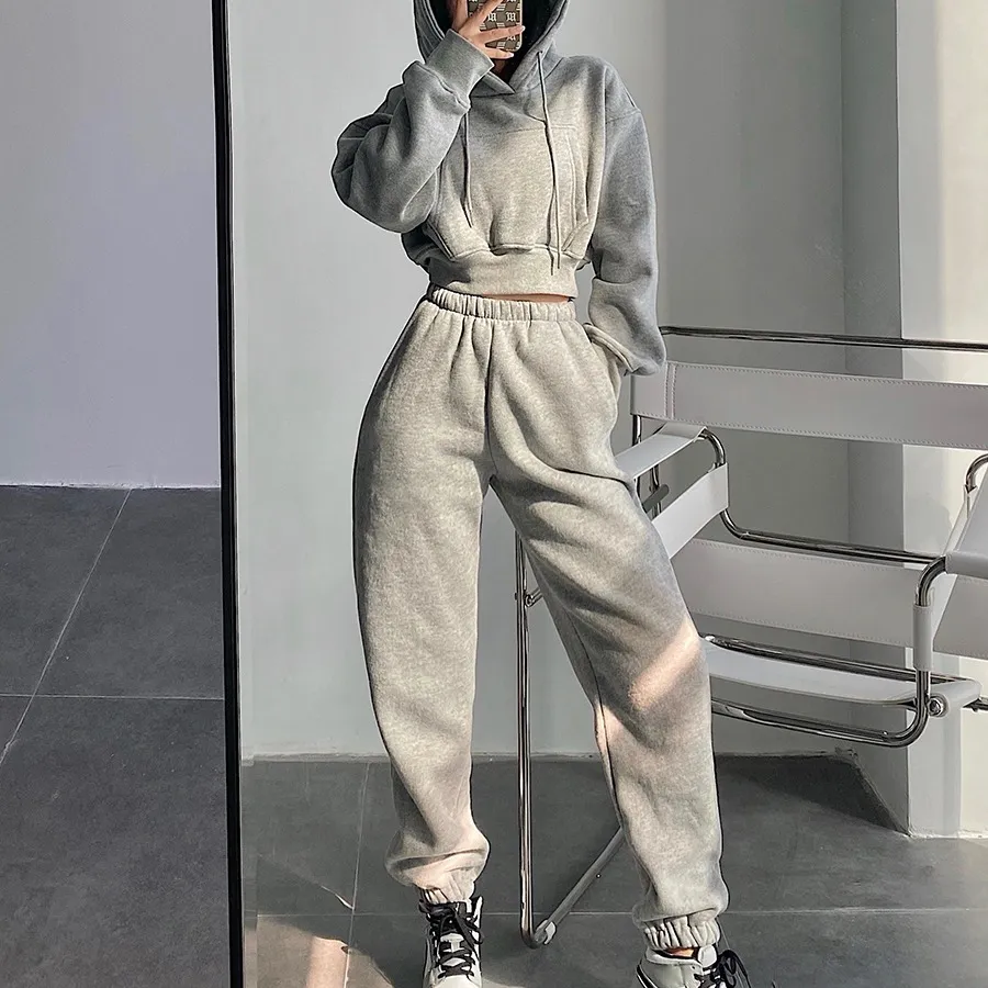 Athleisure Women Fashion Solid Color Long Sleeve Hooded Sweater Loose Jogger Pants Two-Piece Set
