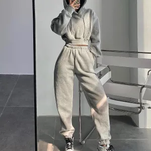 Athleisure Women Fashion Solid Color Long Sleeve Hooded Sweater Loose Jogger Pants Two-Piece Set