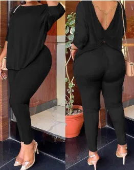 Women Fashion Print Backless Top Hip Tight Pants Two-Piece Set