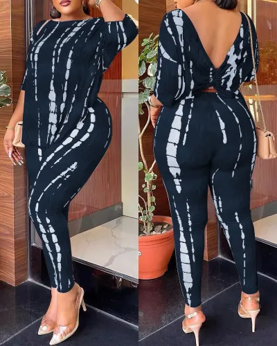 Women Fashion Print Backless Top Hip Tight Pants Two-Piece Set