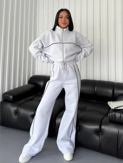 Athleisure Women Casual Long-Sleeved Cardigan Sweatshirt Jacket Drawstring Pants Two-Piece Set