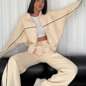 Athleisure Women Casual Long-Sleeved Cardigan Sweatshirt Jacket Drawstring Pants Two-Piece Set