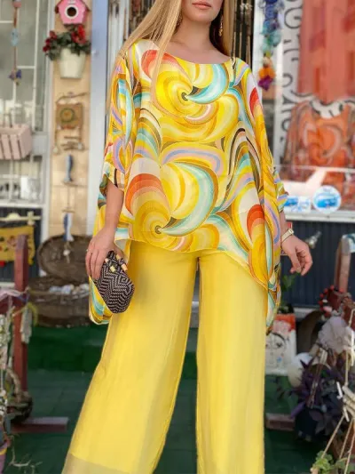 Summer Women Fashion Colorful Printed Chiffon Top Wide Leg Pants Two-Piece Set