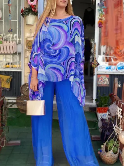 Summer Women Fashion Colorful Printed Chiffon Top Wide Leg Pants Two-Piece Set